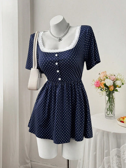 Sweetra Square Neck & Square Neck Floral Splice Button Polka Dot Waist A-Line Short Sleeve Knit Elegant Retro Casual Cute Plus Size Women T-Shirt