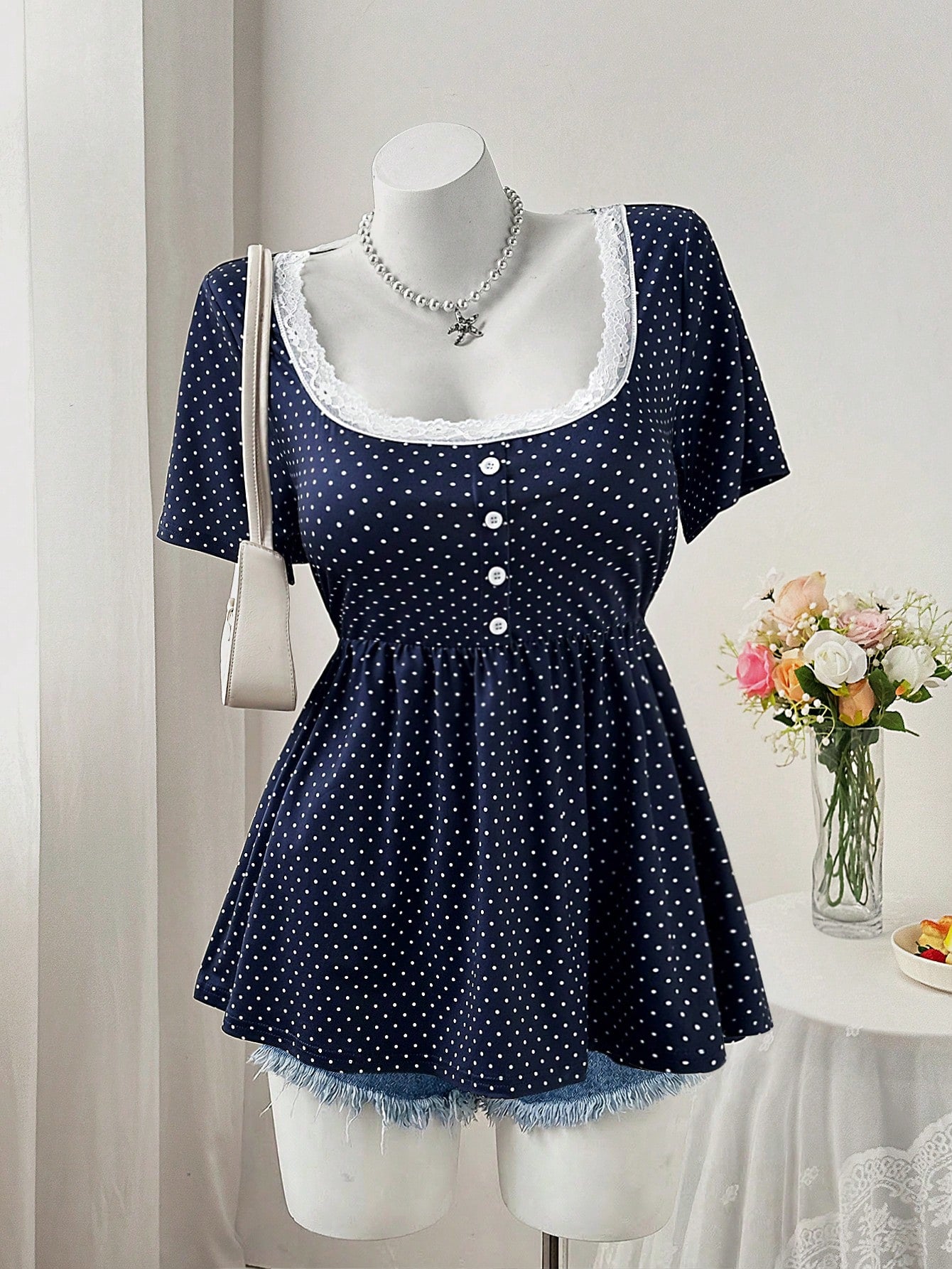 Sweetra Square Neck & Square Neck Floral Splice Button Polka Dot Waist A-Line Short Sleeve Knit Elegant Retro Casual Cute Plus Size Women T-Shirt