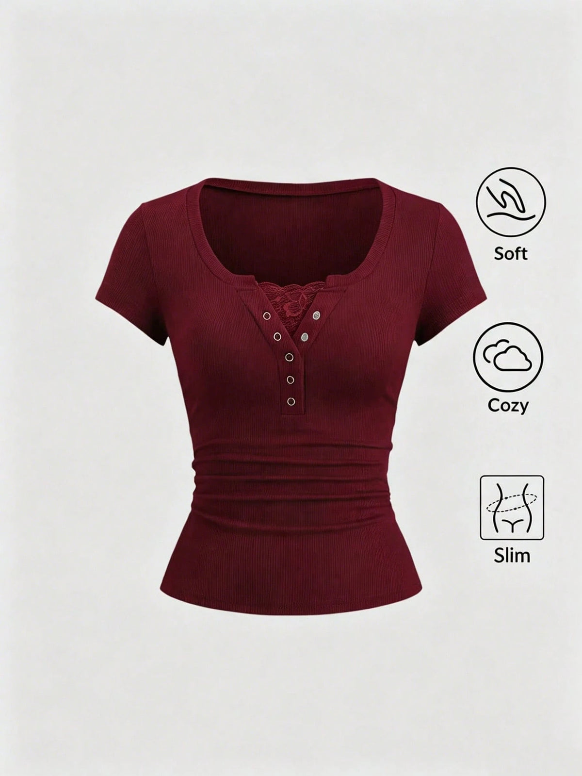 Sweetra Streetwear Women's Half-Open Sleeve Eyelet Decor Lace 2 In 1 Short Sleeve Solid Color T-Shirt