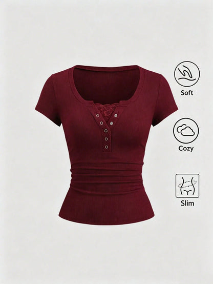 Sweetra Streetwear Women's Half-Open Sleeve Eyelet Decor Lace 2 In 1 Short Sleeve Solid Color T-Shirt