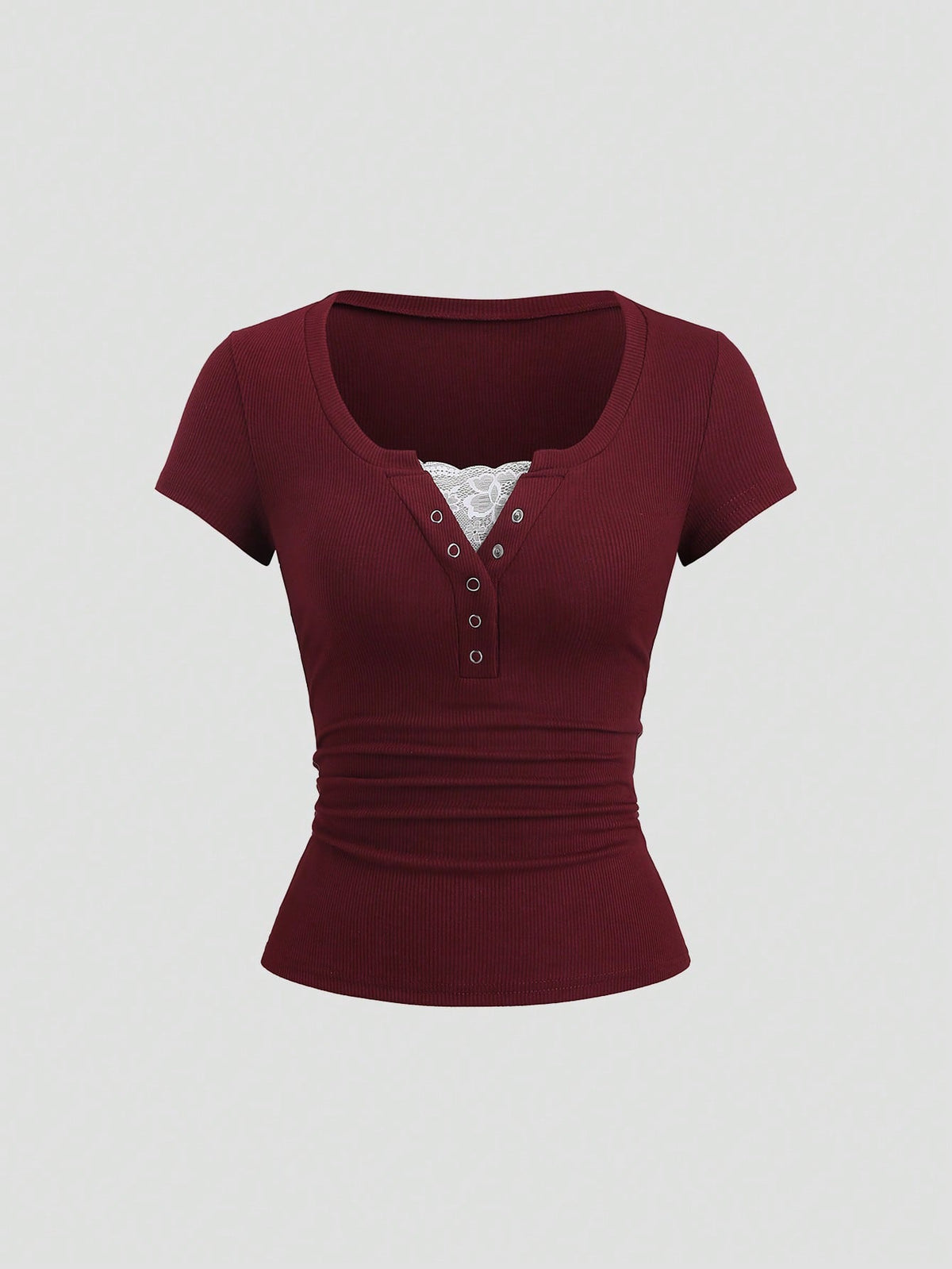 Sweetra Streetwear Women's Half-Open Sleeve Eyelet Decor Lace 2 In 1 Short Sleeve Solid Color T-Shirt