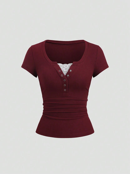 Sweetra Streetwear Women's Half-Open Sleeve Eyelet Decor Lace 2 In 1 Short Sleeve Solid Color T-Shirt