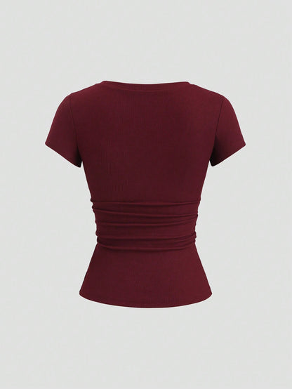 Sweetra Streetwear Women's Half-Open Sleeve Eyelet Decor Lace 2 In 1 Short Sleeve Solid Color T-Shirt
