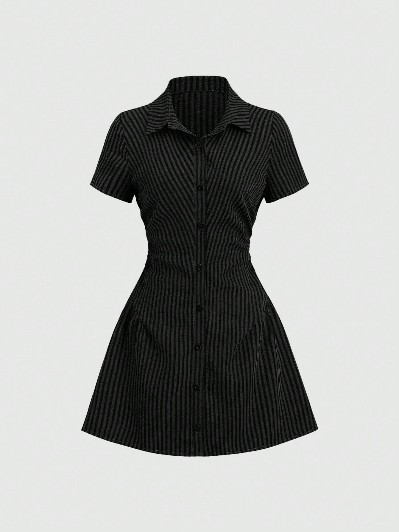 Sweetra Sweet & Fresh Pink Short Sleeve Shirt Dress, Waist Cinched Slimming Stylish Blouse Dress For Summer