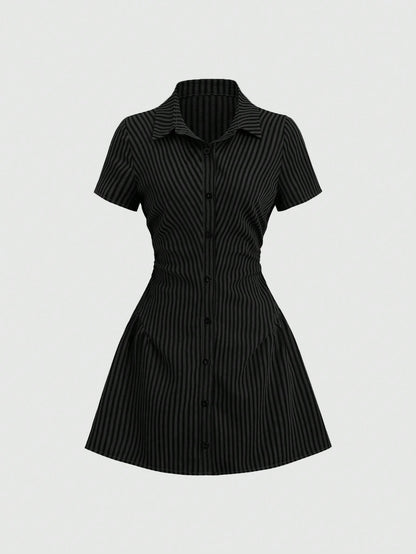 Sweetra Sweet & Fresh Pink Short Sleeve Shirt Dress, Waist Cinched Slimming Stylish Blouse Dress For Summer