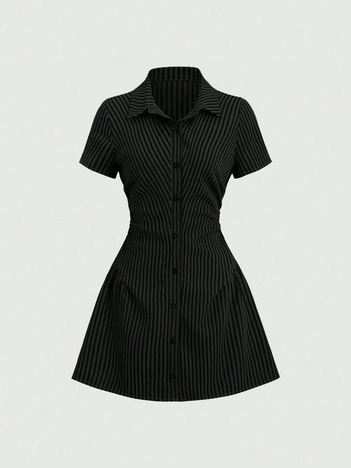 Sweetra Sweet & Fresh Pink Short Sleeve Shirt Dress, Waist Cinched Slimming Stylish Blouse Dress For Summer