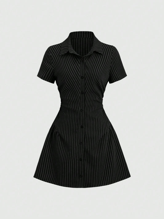 Sweetra Sweet & Fresh Pink Short Sleeve Shirt Dress, Waist Cinched Slimming Stylish Blouse Dress For Summer