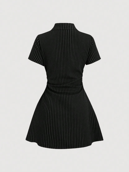 Sweetra Sweet & Fresh Pink Short Sleeve Shirt Dress, Waist Cinched Slimming Stylish Blouse Dress For Summer