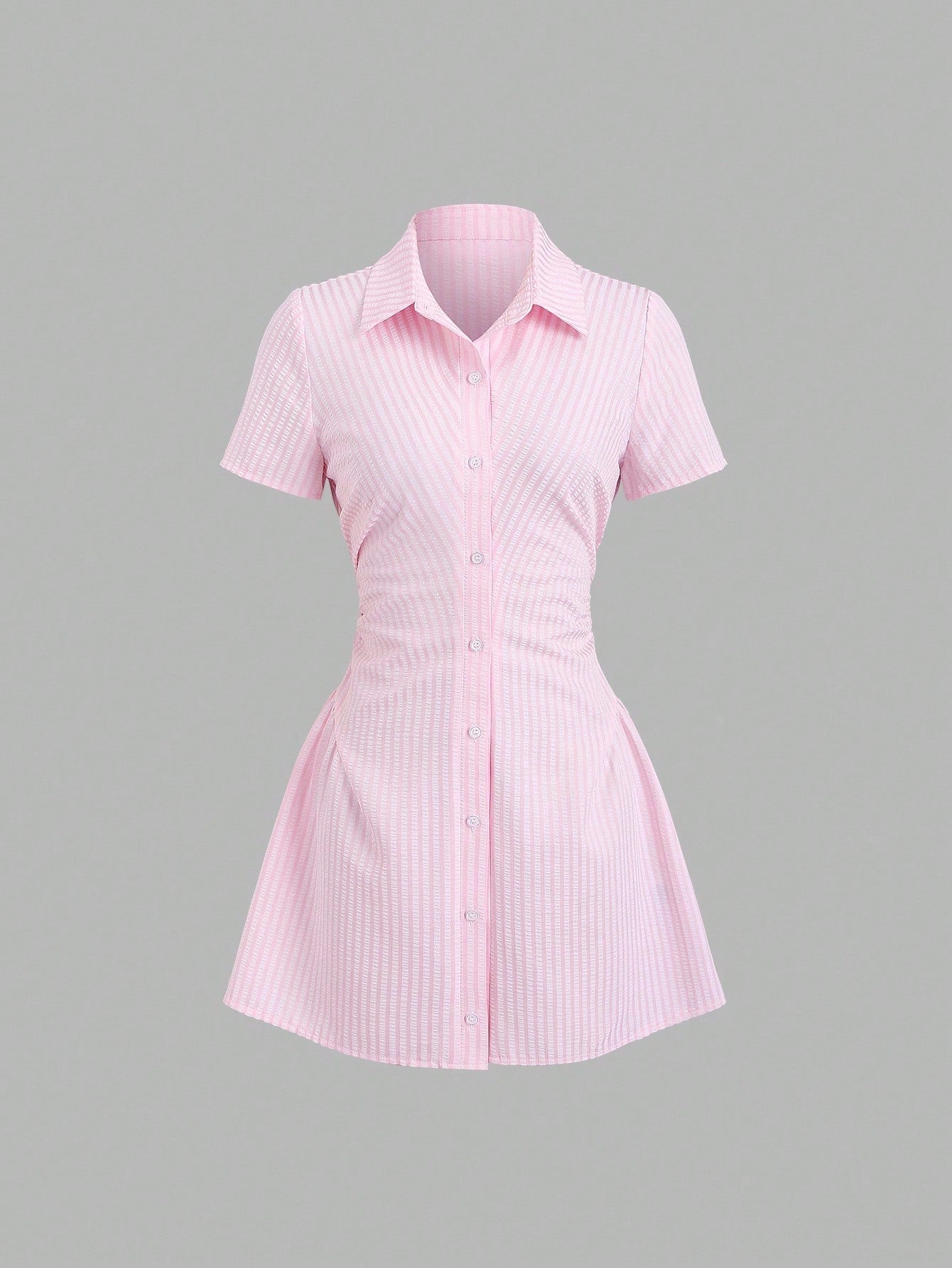 Sweetra Sweet & Fresh Pink Short Sleeve Shirt Dress, Waist Cinched Slimming Stylish Blouse Dress For Summer