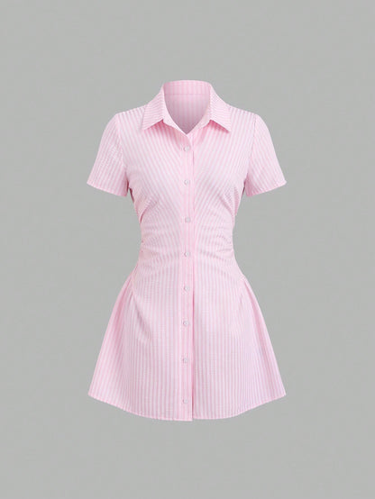 Sweetra Sweet & Fresh Pink Short Sleeve Shirt Dress, Waist Cinched Slimming Stylish Blouse Dress For Summer