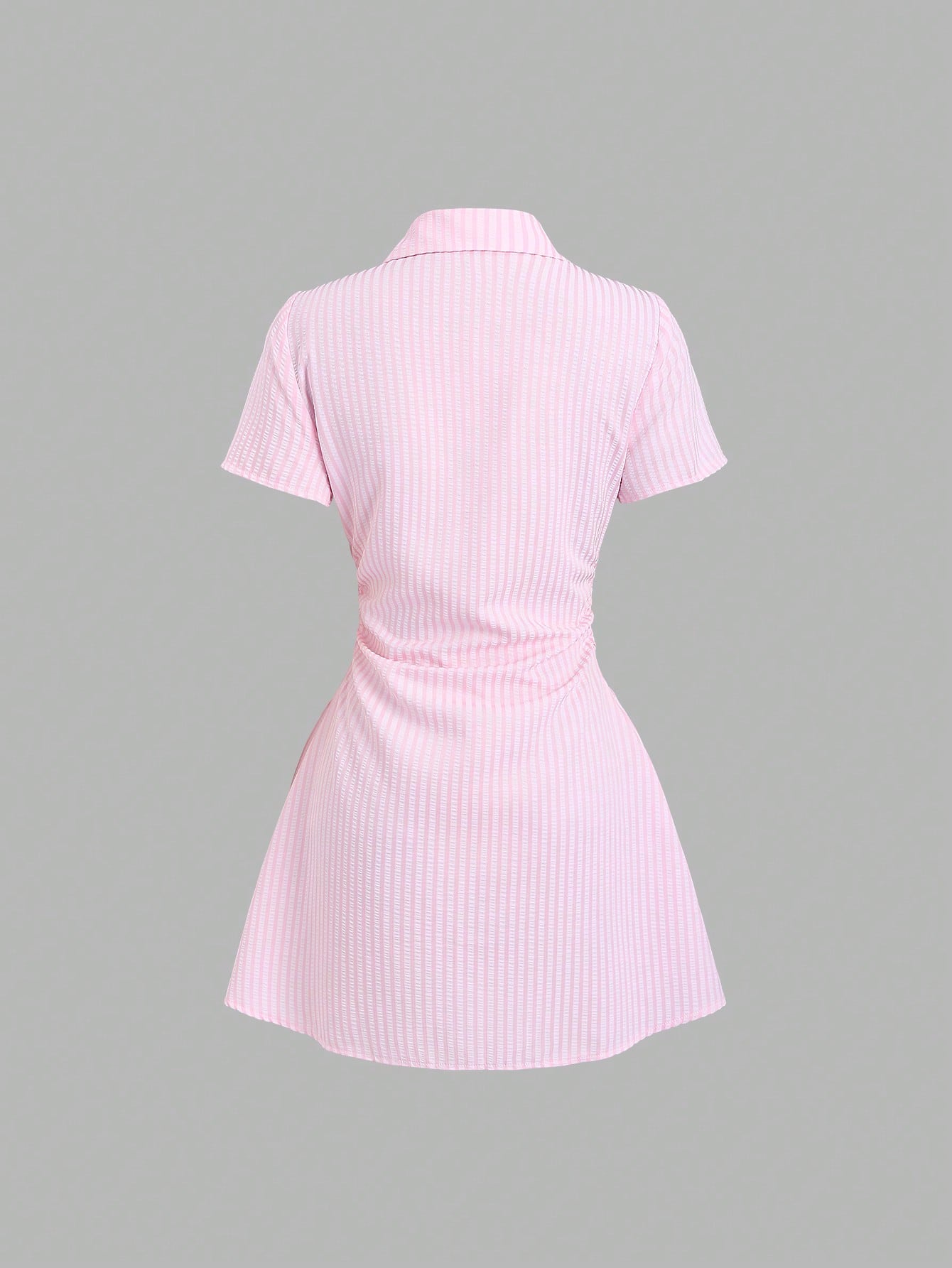 Sweetra Sweet & Fresh Pink Short Sleeve Shirt Dress, Waist Cinched Slimming Stylish Blouse Dress For Summer