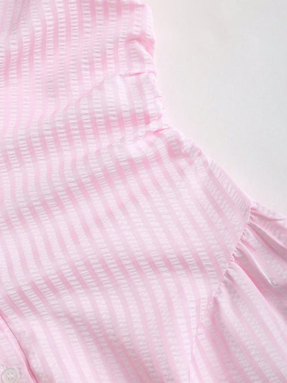 Sweetra Sweet & Fresh Pink Short Sleeve Shirt Dress, Waist Cinched Slimming Stylish Blouse Dress For Summer