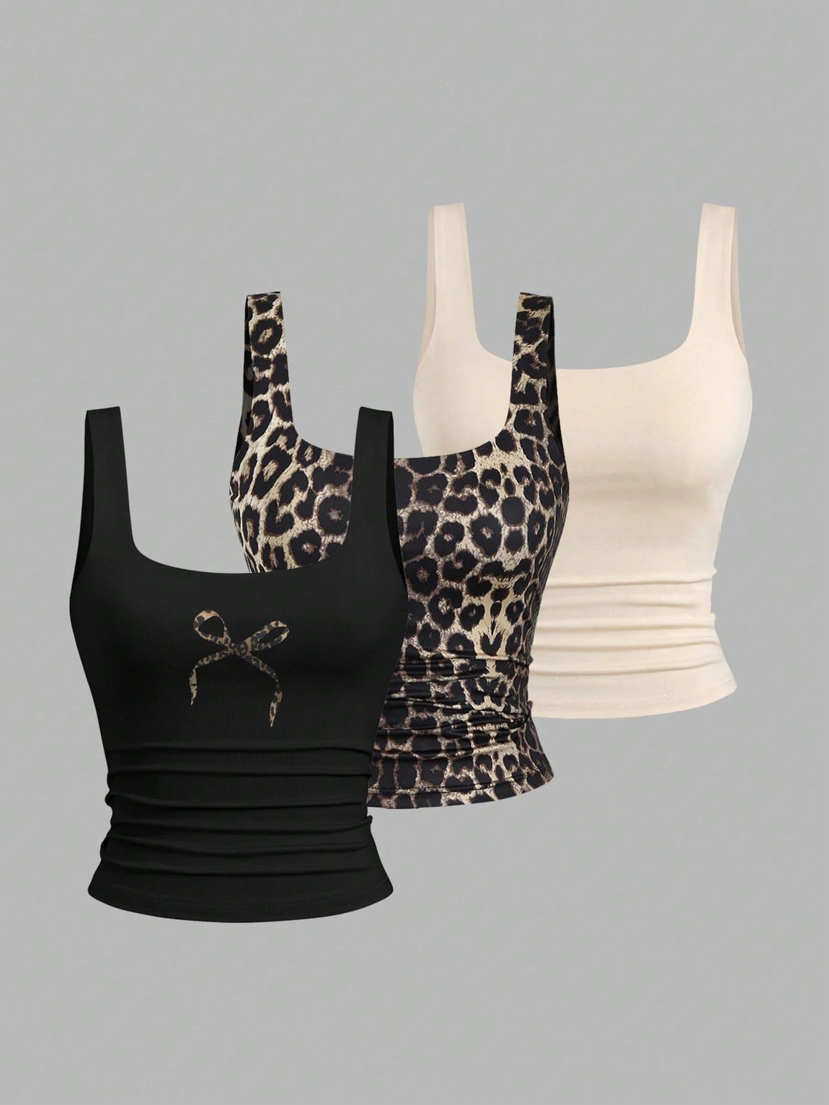 Sweetra Women Casual Bowknot & Leopard Print Ruffle Square Neck Tank Top, Summer