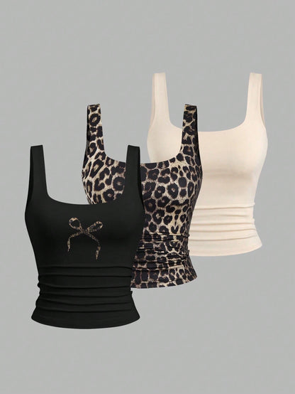 Sweetra Women Casual Bowknot & Leopard Print Ruffle Square Neck Tank Top, Summer