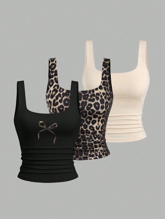 Sweetra Women Casual Bowknot & Leopard Print Ruffle Square Neck Tank Top, Summer