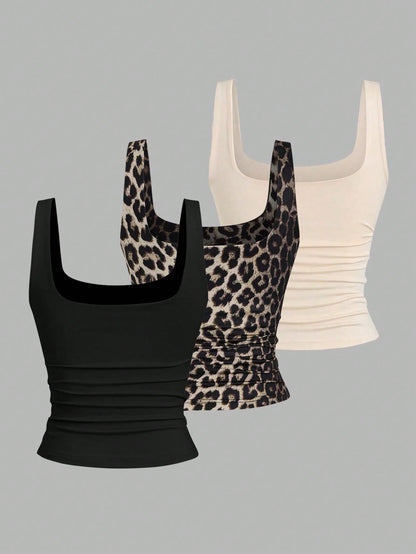 Sweetra Women Casual Bowknot & Leopard Print Ruffle Square Neck Tank Top, Summer