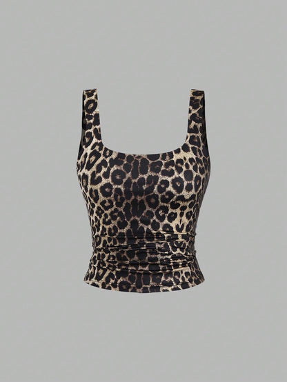 Sweetra Women Casual Bowknot & Leopard Print Ruffle Square Neck Tank Top, Summer