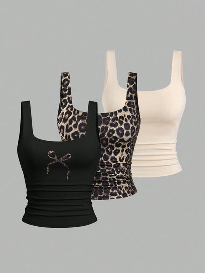 Sweetra Women Casual Bowknot & Leopard Print Ruffle Square Neck Tank Top, Summer