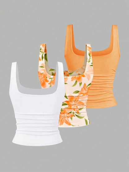 Sweetra Women Casual Square Neck Pleated Cami Top, Summer