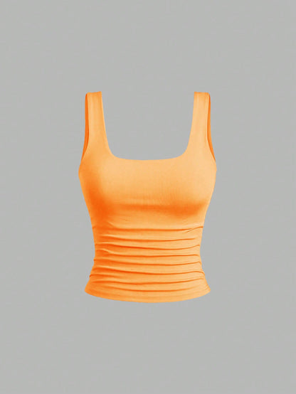 Sweetra Women Casual Square Neck Pleated Cami Top, Summer