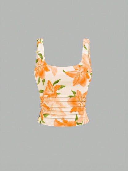 Sweetra Women Casual Square Neck Pleated Cami Top, Summer