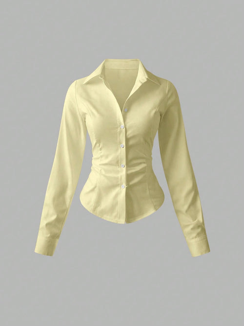 Sweetra Women's Casual Solid Color Waist Cinched Long Sleeve Shirt Fall Cloth For Women