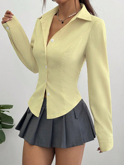 Sweetra Women's Casual Solid Color Waist Cinched Long Sleeve Shirt Fall Cloth For Women