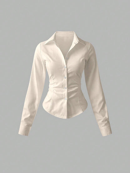 Sweetra Women's Casual Solid Color Waist Cinched Long Sleeve Shirt Fall Cloth For Women