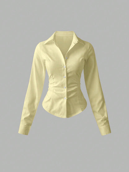 Sweetra Women's Casual Solid Color Waist Cinched Long Sleeve Shirt Fall Cloth For Women