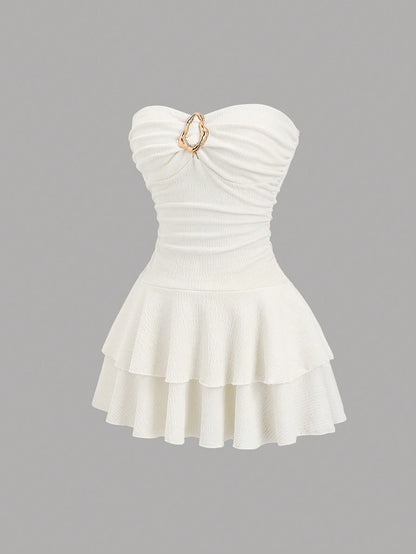 Sweetra Women's Elegant Strapless Double-Layer Mini Dress