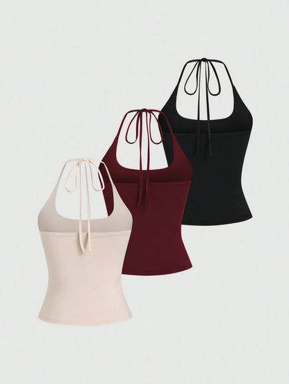Sweetra Women's European And American Fashion Casual Sexy New Summer Slimming Fit Halter Neck Elegant Backless Commuter Fitness Versatile Top 3-Piece Set