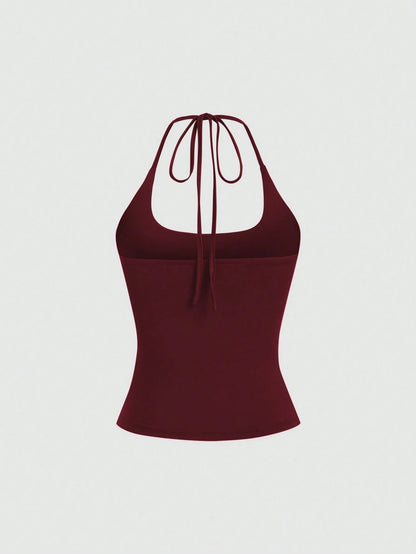 Sweetra Women's European And American Fashion Casual Sexy New Summer Slimming Fit Halter Neck Elegant Backless Commuter Fitness Versatile Top 3-Piece Set