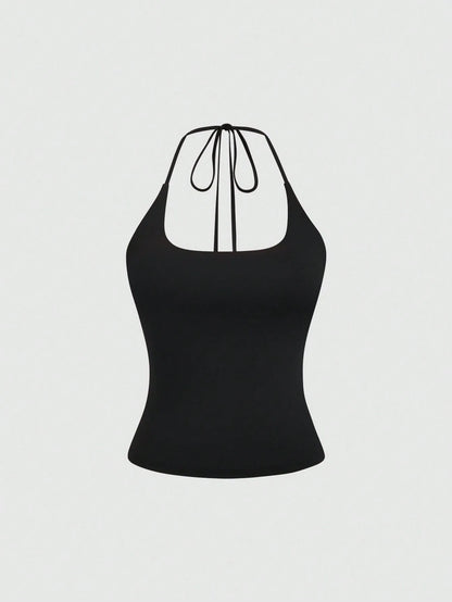 Sweetra Women's European And American Fashion Casual Sexy New Summer Slimming Fit Halter Neck Elegant Backless Commuter Fitness Versatile Top 3-Piece Set