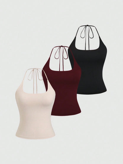 Sweetra Women's European And American Fashion Casual Sexy New Summer Slimming Fit Halter Neck Elegant Backless Commuter Fitness Versatile Top 3-Piece Set