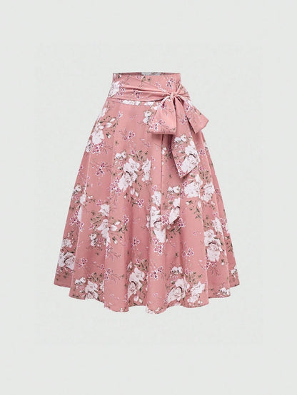 Sweetra Women's Floral Print Tie Waist Mid-Length Elegant A-Line Skirt