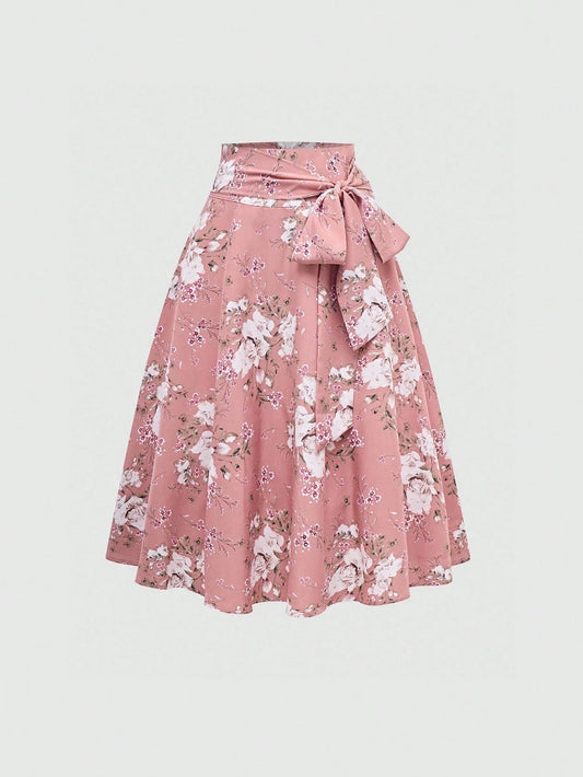 Sweetra Women's Floral Print Tie Waist Mid-Length Elegant A-Line Skirt