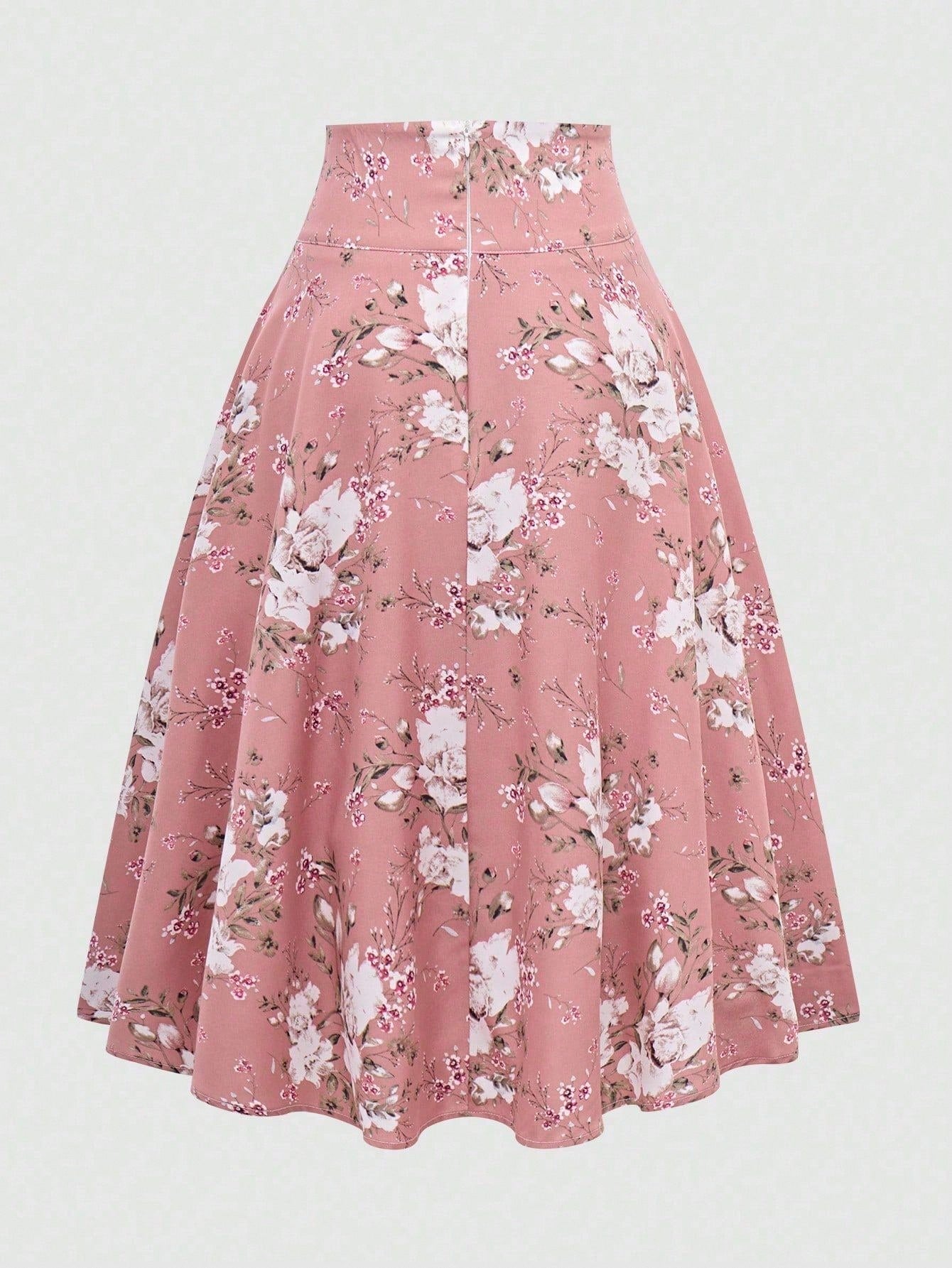 Sweetra Women's Floral Print Tie Waist Mid-Length Elegant A-Line Skirt