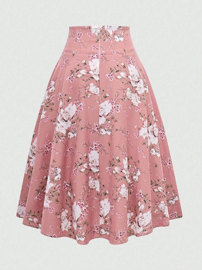 Sweetra Women's Floral Print Tie Waist Mid-Length Elegant A-Line Skirt