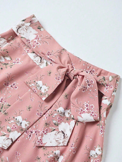 Sweetra Women's Floral Print Tie Waist Mid-Length Elegant A-Line Skirt