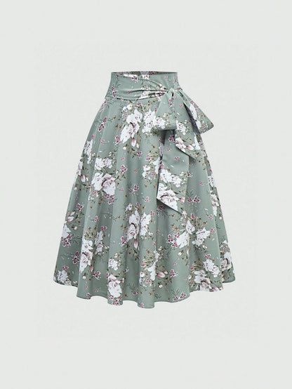 Sweetra Women's Floral Print Tie Waist Mid-Length Elegant A-Line Skirt