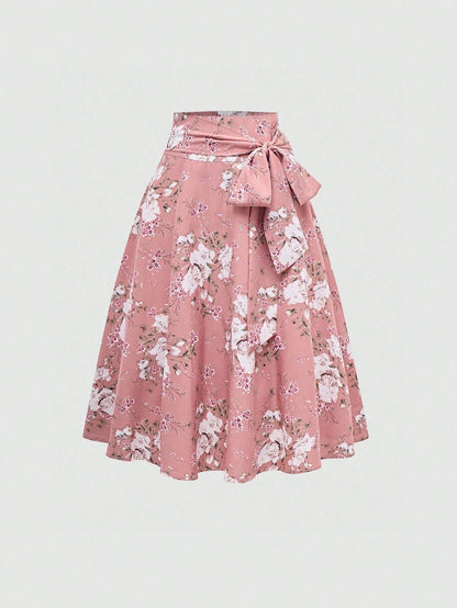 Sweetra Women's Floral Print Tie Waist Mid-Length Elegant A-Line Skirt