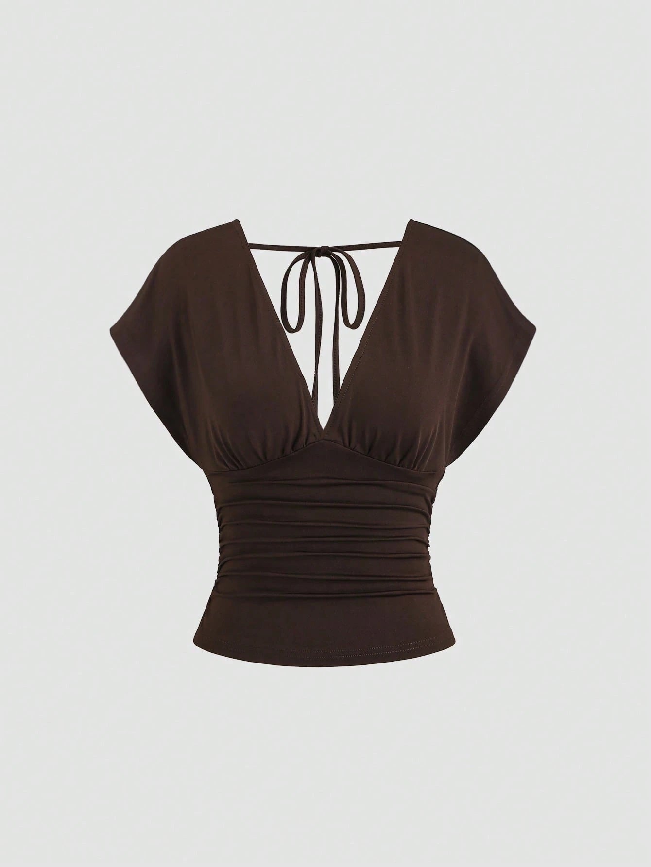Sweetra Women's New Fashion Versatile Knit V-Neck T-Shirt, Waist Drawstring, Front & Back V-Neck, Shoulder Sleeve Design
