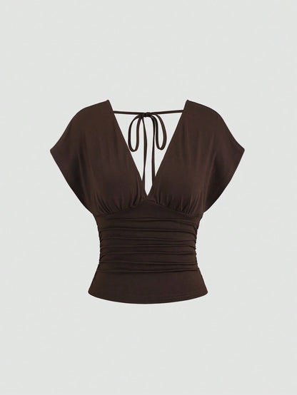 Sweetra Women's New Fashion Versatile Knit V-Neck T-Shirt, Waist Drawstring, Front & Back V-Neck, Shoulder Sleeve Design