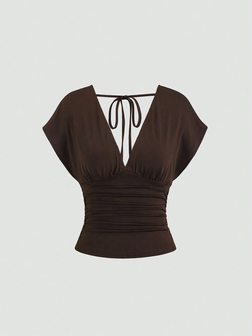 Sweetra Women's New Fashion Versatile Knit V-Neck T-Shirt, Waist Drawstring, Front & Back V-Neck, Shoulder Sleeve Design