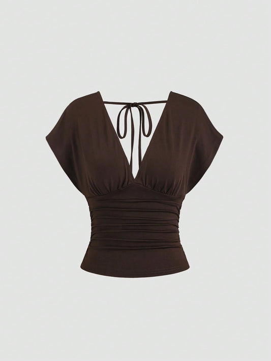 Sweetra Women's New Fashion Versatile Knit V-Neck T-Shirt, Waist Drawstring, Front & Back V-Neck, Shoulder Sleeve Design
