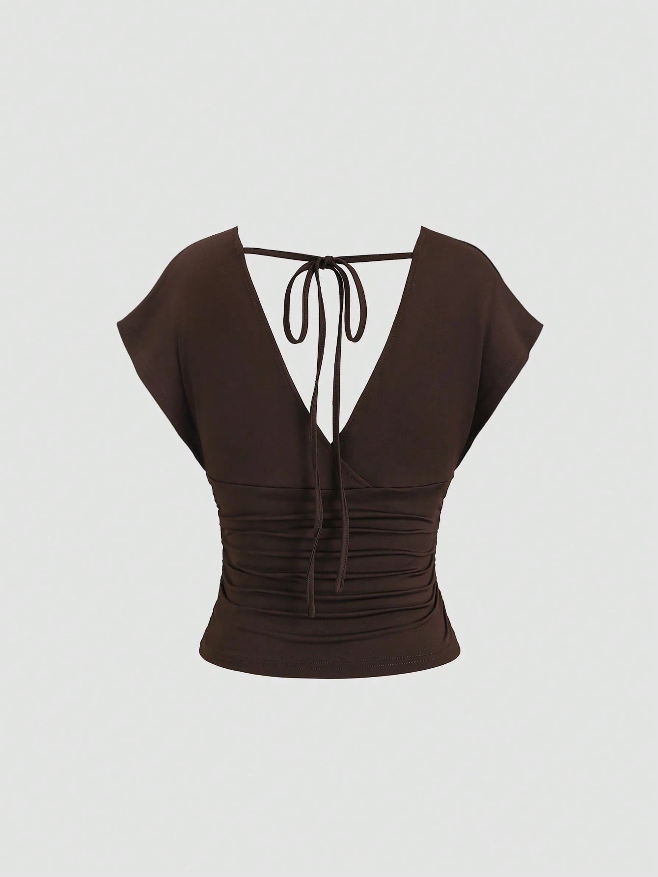 Sweetra Women's New Fashion Versatile Knit V-Neck T-Shirt, Waist Drawstring, Front & Back V-Neck, Shoulder Sleeve Design