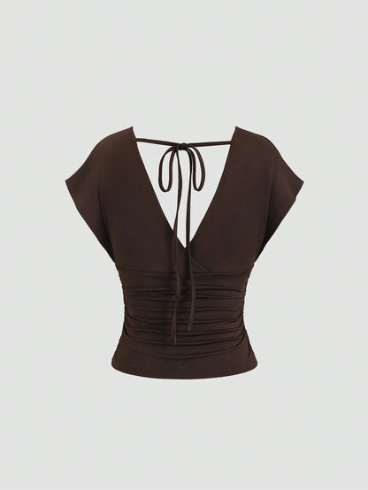 Sweetra Women's New Fashion Versatile Knit V-Neck T-Shirt, Waist Drawstring, Front & Back V-Neck, Shoulder Sleeve Design
