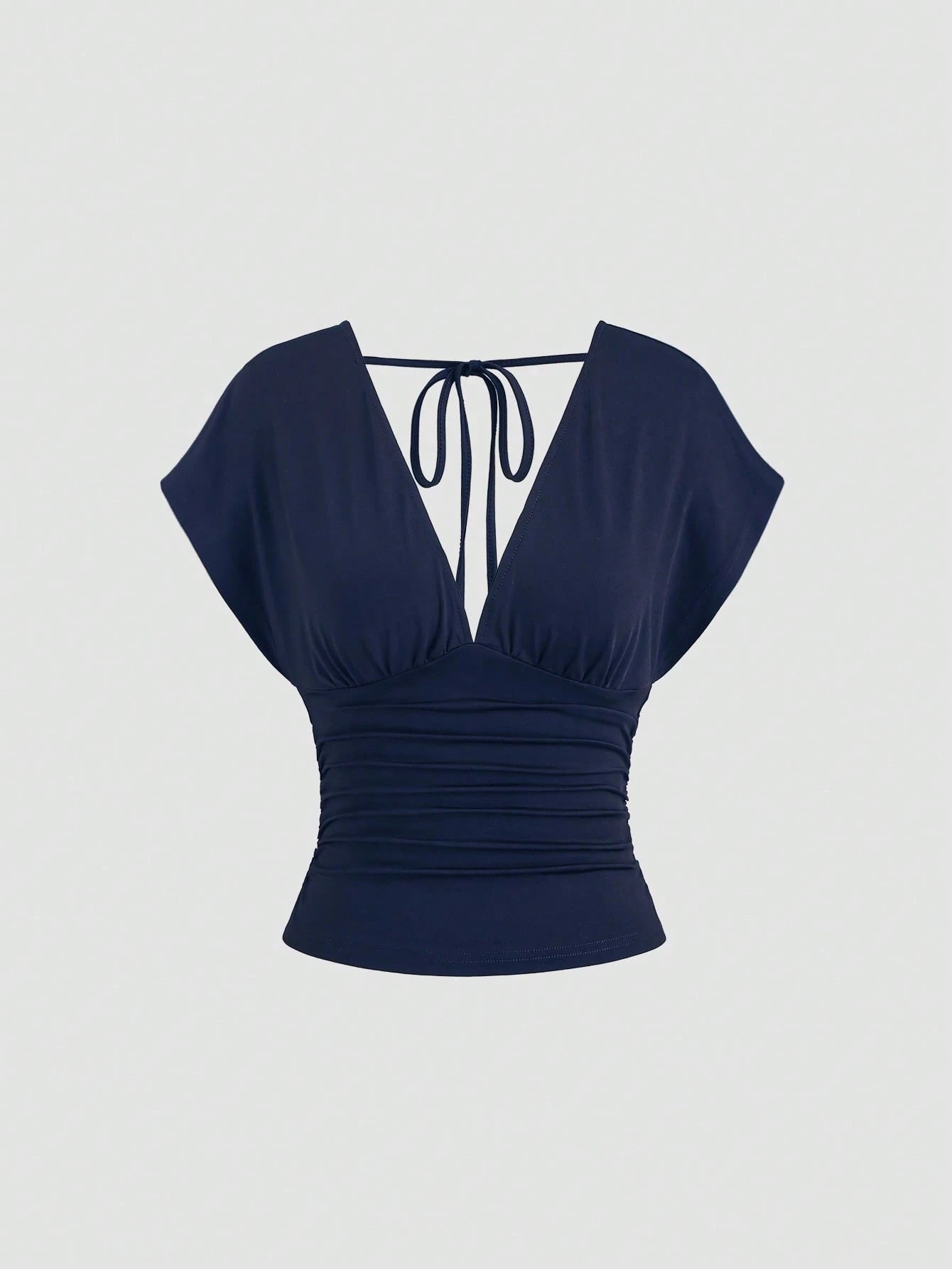 Sweetra Women's New Fashion Versatile Knit V-Neck T-Shirt, Waist Drawstring, Front & Back V-Neck, Shoulder Sleeve Design