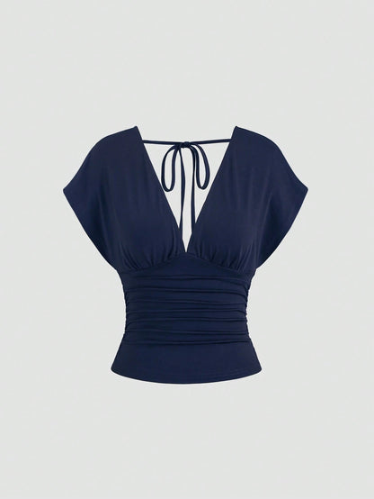 Sweetra Women's New Fashion Versatile Knit V-Neck T-Shirt, Waist Drawstring, Front & Back V-Neck, Shoulder Sleeve Design
