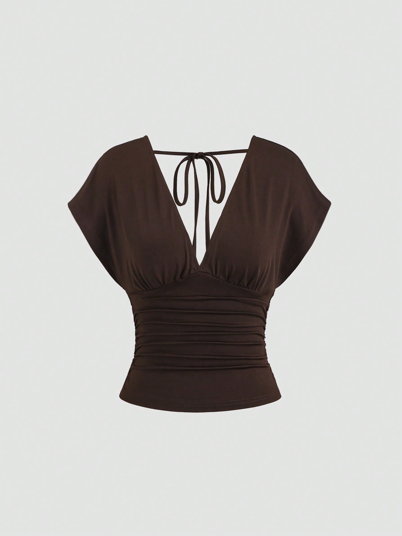 Sweetra Women's New Fashion Versatile Knit V-Neck T-Shirt, Waist Drawstring, Front & Back V-Neck, Shoulder Sleeve Design